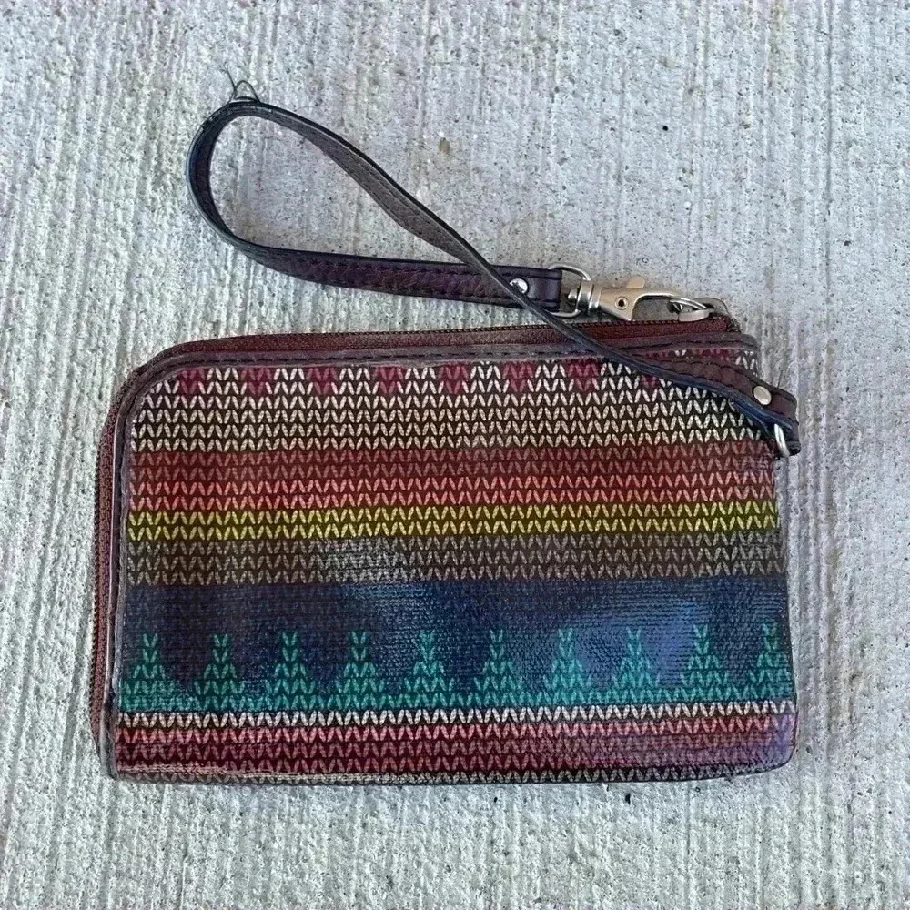 Fossil KeyPer. Geometric Coated Canvas Wristlet With Brown Leather Trim 6 x 4